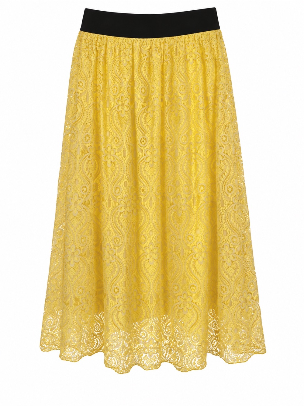 LuLaRoe Yellow Lace Midi Skirt with Black Waistband